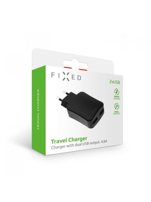 FIXED Travel hálózati USB-s töltő, 2xUSB kimenet, 24W (2x2.4A), Fekete