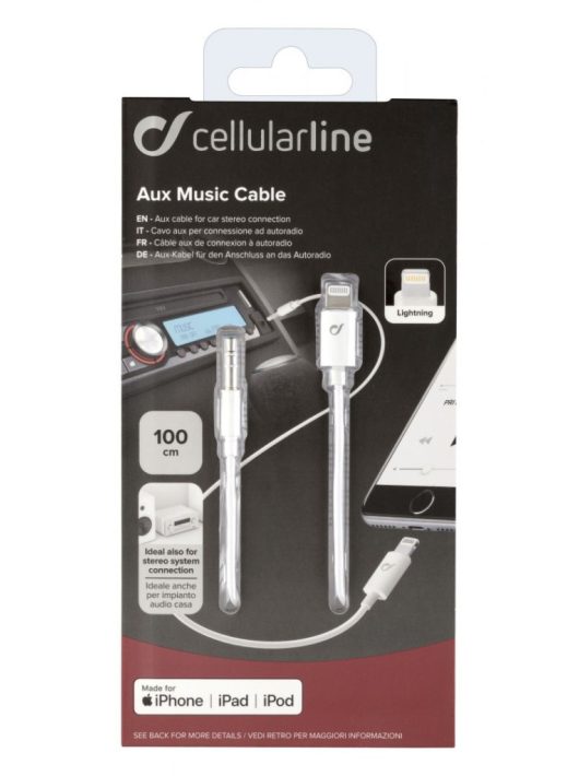 Cellularline Audio cable Aux Music Cable, Ligtning connectors + 3.5 mm jack, MFI certification, 1m White