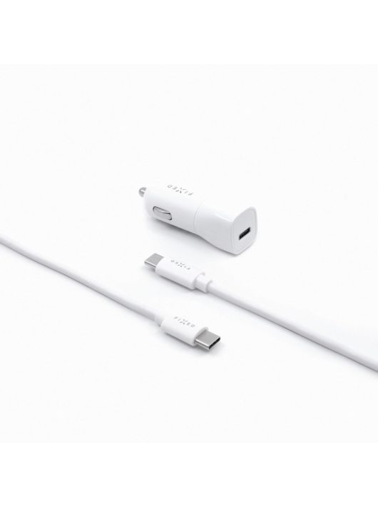 FIXED autós töltő készlet, USB-C kimenet, USB-C/USB-C kábel 1 méteres, PD támogatás 18W, fehér