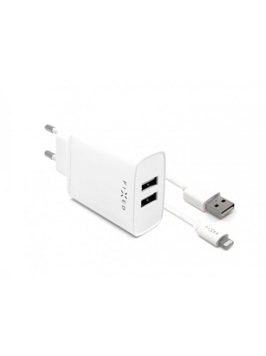 FIXED szett mains charger  2xUSB output és USB/Lightning cable, 1m, MFI certification, 15W Smart Rapid Charge, Fehér