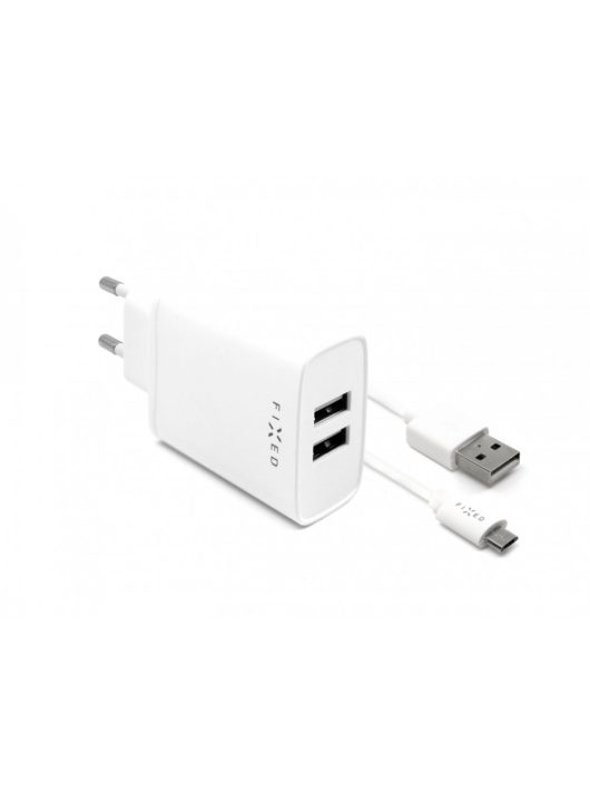 FIXED szett mains charger  2xUSB output és USB/micro USB cable, 1 meter, 15W Smart Rapid Charge, Fehér