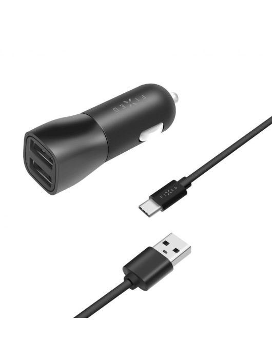 FIXED Autós töltő készlet, 2xUSB kimenettel, USB/USB-C kábel, 1 méter, 15W Smart gyors töltés, Fekete