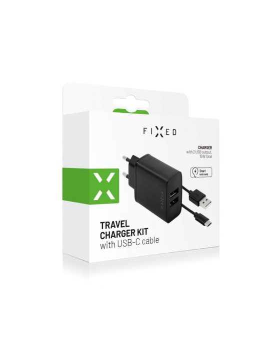 FIXED hálózati USB töltő készlet, 2 db USB kimenet, USB/USB-C 1 méteres kábel, 15W Smart gyors töltés, fekete