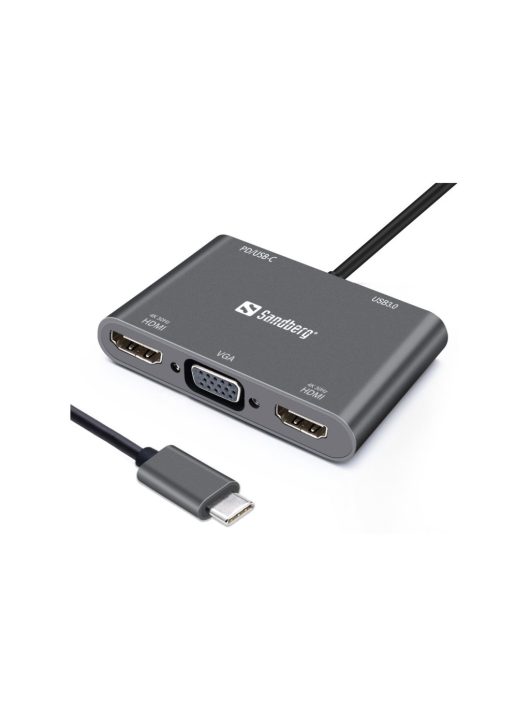 Sandberg USB-C Dock 2xHDMI+1xVGA+USB+PD Gray