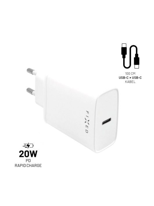 FIXED USB-C hálózati töltő 20W + USB-C/USB-C kábel, 1 méter, fehér