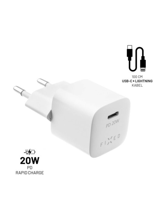 FIXED Mini hálózati USB-C utazó töltő 20W + USB-C/Lightning kábel, Fehér