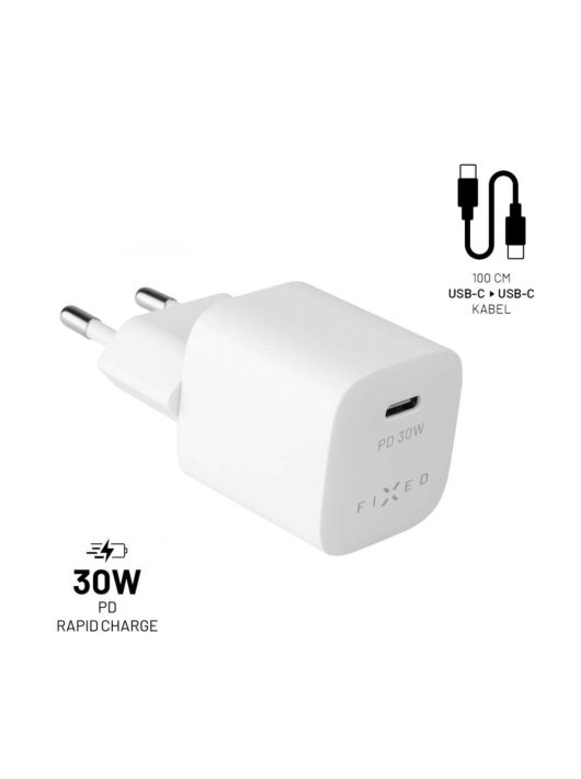 FIXED Mini Travel Charger 30W + USB-C/USB-C Cable, Fehér