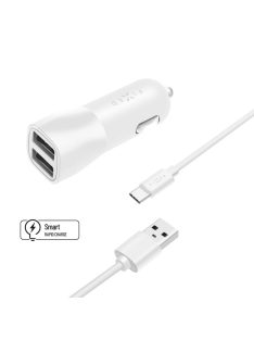   FIXED USB autós töltő, 2 USB kimenet, 15W + USB/USB-C kábel, Fehér