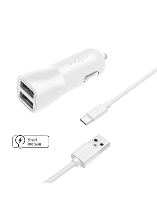 FIXED USB autós töltő, 2 USB kimenet, 15W + USB/USB-C kábel, Fehér