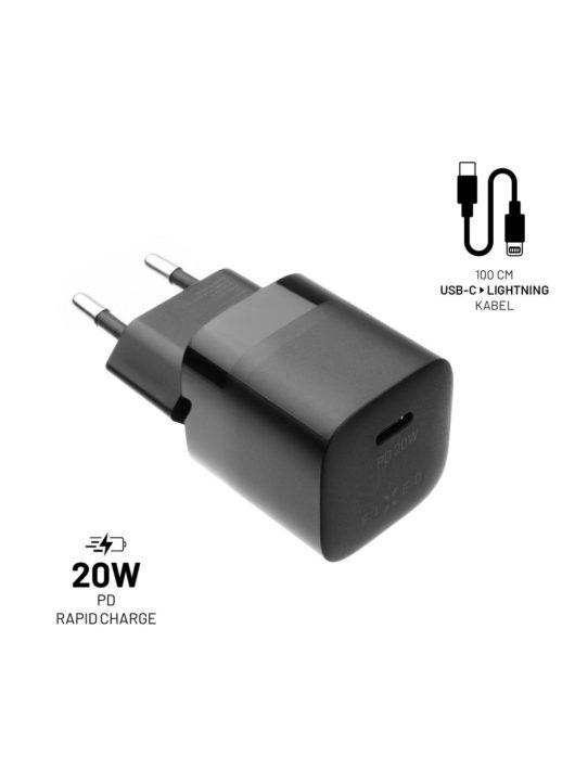 FIXED Mini USB-C Travel Charger 20W + USB-C/Lightning Cable, Fekete