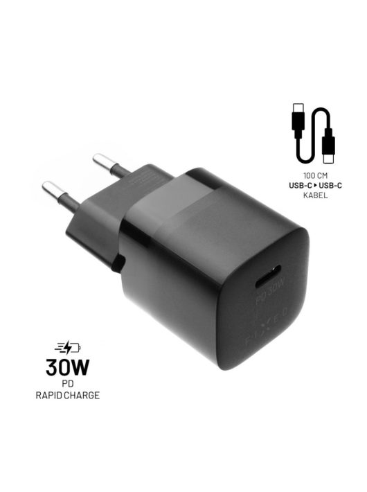 FIXED Mini USB-C Travel Charger 30W + USB-C/USB-C Cable, Fekete