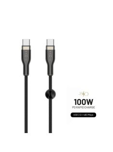   FIXED töltő- és adatkábel hosszú fonattal, USB-C/USB-C csatlakozókkal, PD támogatással, 2 m, USB 2.0, 100 W, fekete