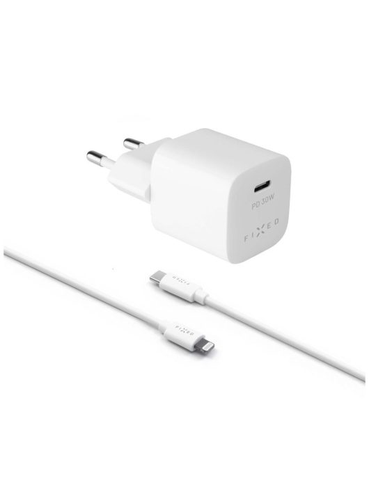 FIXED Mini USB-C Travel Charger 30W + USB-C/Lightning Cable, white