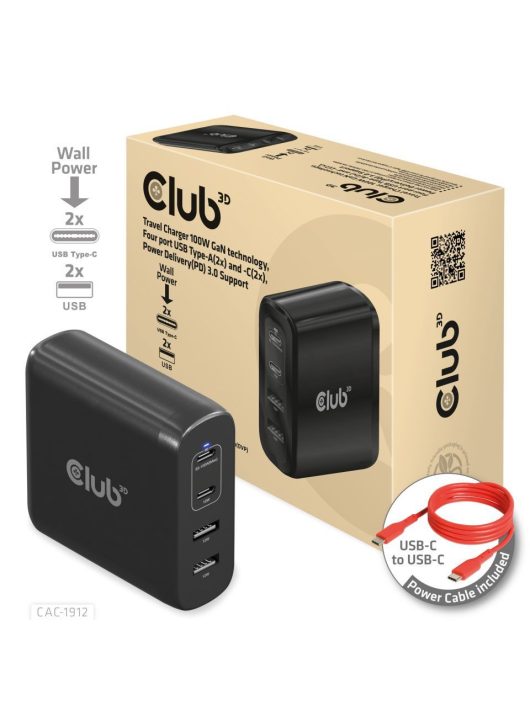 Club3D Travel Charger 100W GaN technology, Four port USB Type-A(2x) and -C(2x), Power Delivery(PD) 3.0 Support