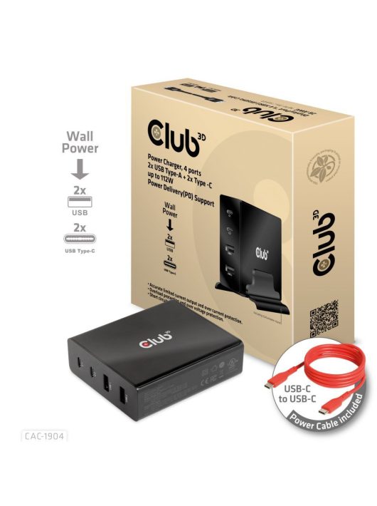 Club3D Power Charger 4 ports 2x USB Type-A 2x Type-C up to 112W Power Delivery(PD) Support