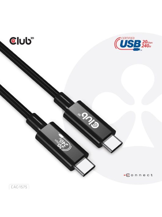 Club3D USB4 Gen2x2 Type-C Bi-Directional USB-IF Certified 4K60Hz Data 20Gbps PD 240W(48V/5A) EPR M/M Cable 2m Black