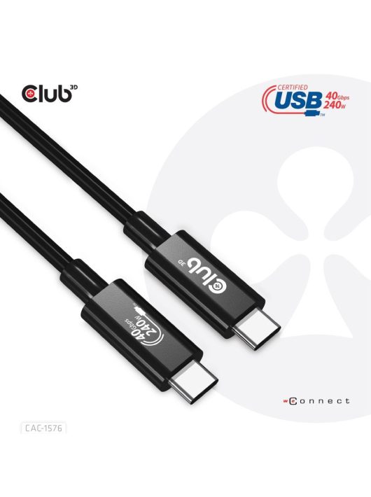 Club3D USB4 Gen3x2 Type-C Bi-Directional USB-IF Certified 8K60Hz Data 40Gbps, PD 240W(48V/5A) EPR M/M Cable 1m Black