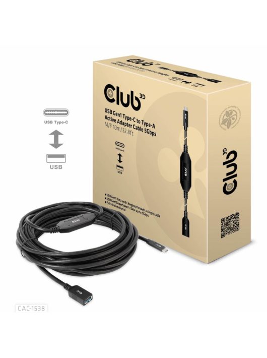 Club3D USB Gen1 Type-C to Type-A Active Adapter Cable 5Gbps M/F Cable 10m Black