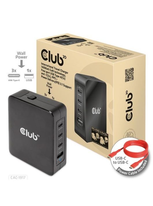 Club3D International Travel Charger 140W GaN technology Four port USB Type-A(1x) and -C(3x) PPS + Power Delivery(PD) 3.1 Support