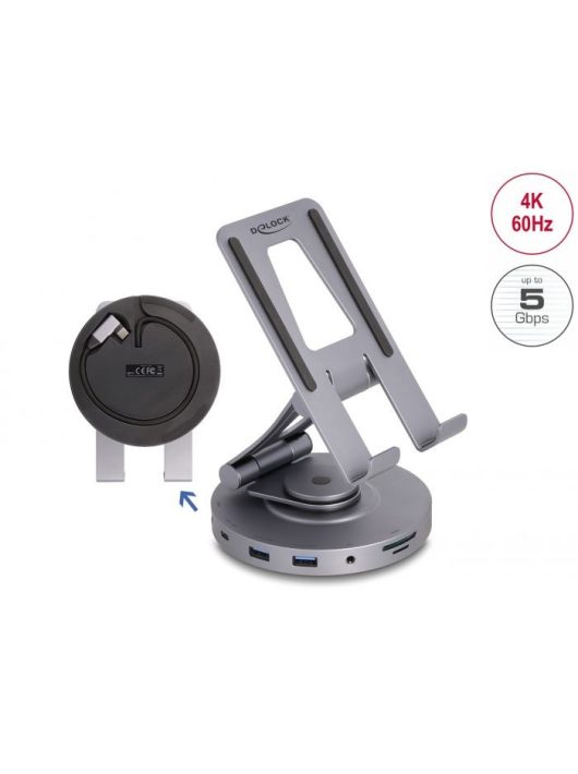 DeLock Tablet and Laptop Docking Station 4K with integrated holder - HDMI / USB / Hub / SD / Micro SD / PD 3.0 - 360° rotateable Grey