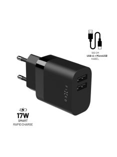   FIXED hálózati töltő, 2*USB-A kimenet, 17W + USB/mikro USB kábel, fekete