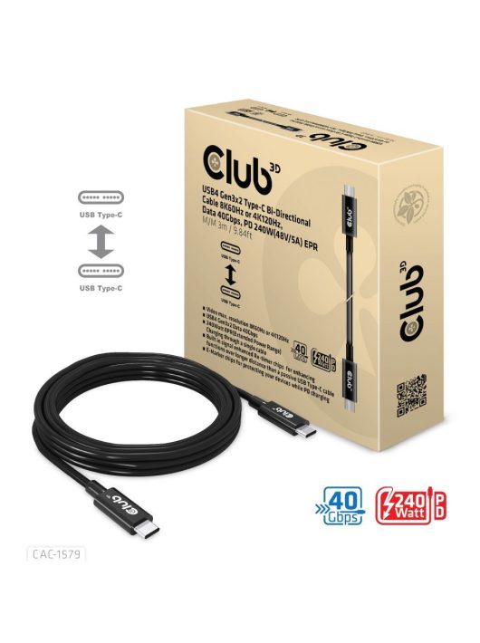 Club3D USB4 Gen3x2 Type-C Bi-Directional Cable 8K60Hz or 4K120Hz, Data 40Gbps, PD 240W(48V/5A) EPR M/M Cable 3m Black