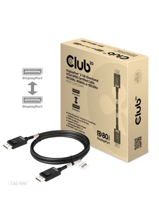 Club3D DisplayPort 2.1 Bi-Directional VESA DP80 4K120Hz 8K60Hz or 10K30Hz Certified Cable 1,2m Black