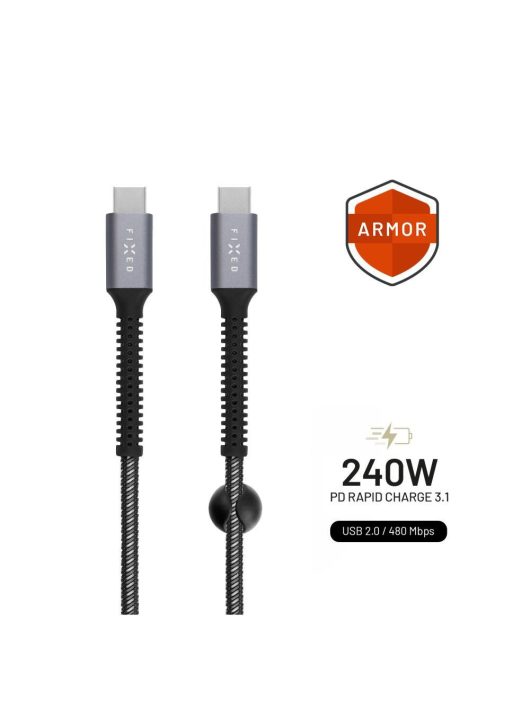 FIXED Armor (FIXDA-CC12-GR)  USB-C/USB-C adat és töltőkábel, 1.2 m, 240W, fonott nejlon borítás, törésgátló, szürke