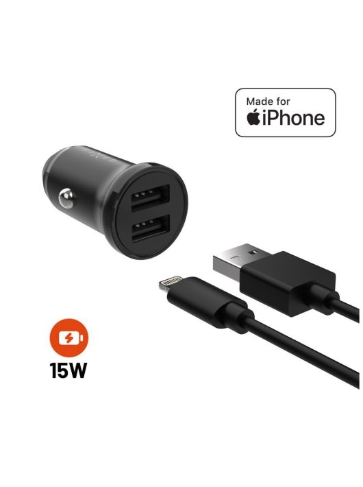 FIXED USB autós töltő 2 USB aljzattal 15W + USB/Lightning kábel, fekete, FIXCC15N-2UL-BK