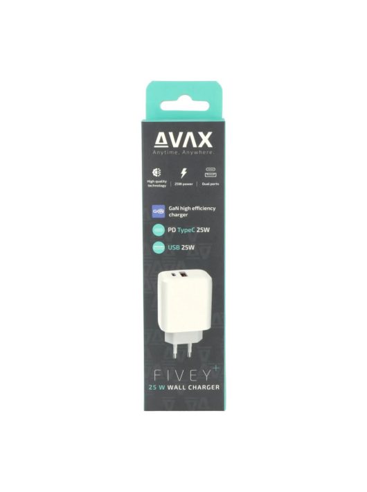 Avax CH631W FIVEY+ 25W GaN USB A + Type C Fast Charger White