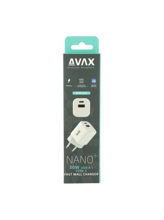 Avax CH640W NANO+ 30W GaN USB A + Type C Fast Charger White