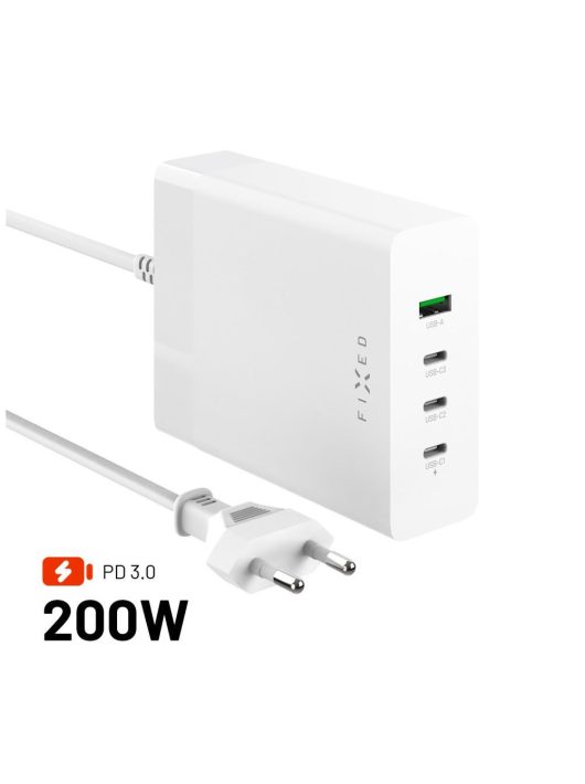 FIXED hálózati töltő állomás, 3xUSB-C/1xUSB, GaN technológia, PD 3.0 támogatás, 200W, fehér, FIXCG200-3C1A-WH