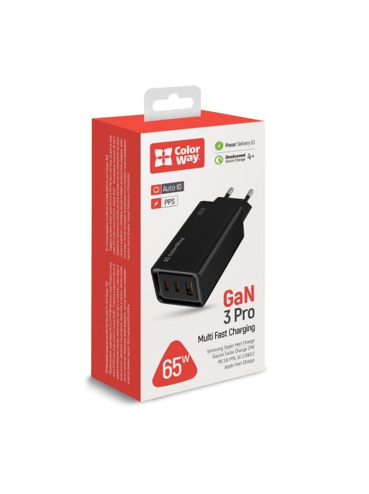 ColorWay USB töltő adapter GaN3 Pro Power Delivery (USB-A + 2 USB TYPE-C) (65W) Black