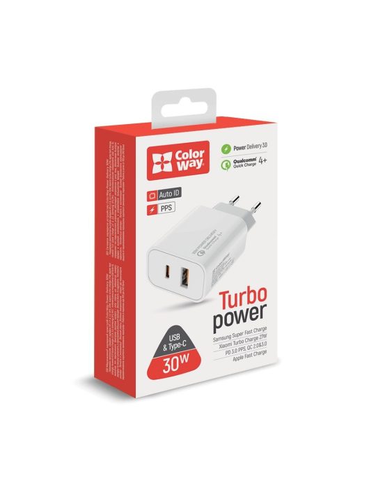 ColorWay USB töltő adapter Power Delivery Port PPS USB (Type-C PD + USB QC3.0) (30W) White