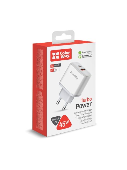 ColorWay USB töltő adapter Power Delivery Port PPS USB (Type-C PD + USB QC3.0) (45W) White