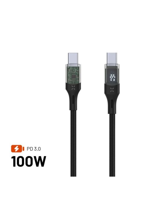 FIXED USB-C/USB-C adat- és töltőkábel kijelzővel, PD, USB 2.0 100W 1,2m, fekete