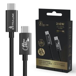   Extralink Smart Life USB-C típusú töltő- és adatkábel, fonott fekete színben, USB-C kábel, 240W, 40 Gbps, 200 cm