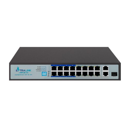 Extralink VIRTUS V3, PoE kapcsoló, 16x 100 Mb/s PoE/PoE+, 2x Gigabit RJ45 + 1x SFP, 150W