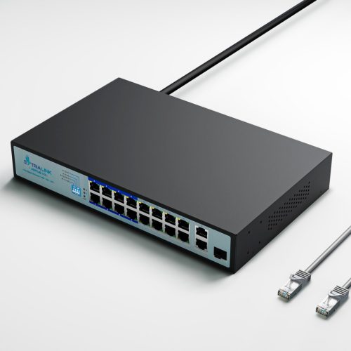 Extralink VIRTUS V3, PoE kapcsoló, 16x 100 Mb/s PoE/PoE+, 2x Gigabit RJ45 + 1x SFP, 150W