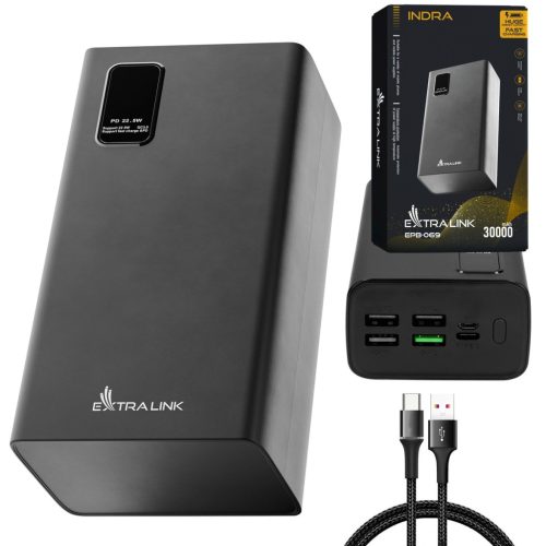 Extralink EPB-069 30000mAh black, powerbank, gyors töltésű, USB-C csatlakozós külső akkumulátor