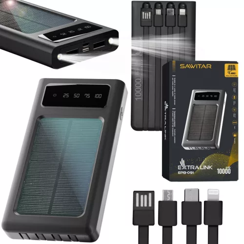 Extralink EPB-091 10000mAh black, powerbank, solar power bank, USB-C