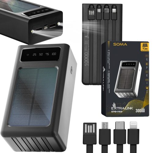 Extralink EPB-093 30000mAh fekete, powerbank, napelemes külső akkumulátor, USB-C