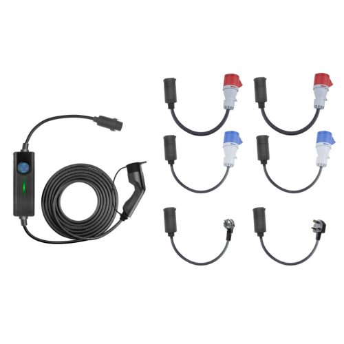 Extralink BS-PCD050 32A 16kW three-phase, portable electric vehicle charger with LCD touchscreen, 6 adapters, 5 meters long, Schuko