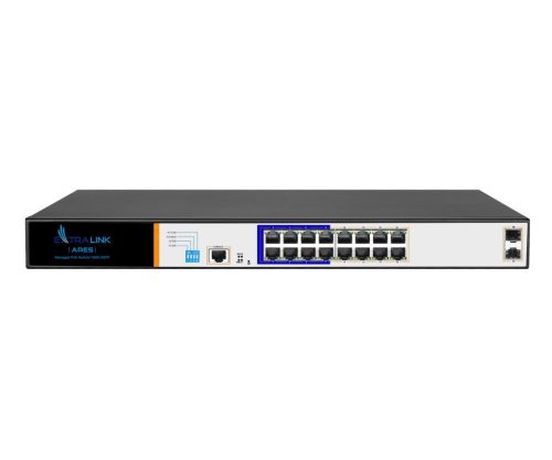 Extralink Ares, PoE kapcsoló, 16x Gigabit PoE/PoE+, 2x SFP, 1x konzol, 150W, menedzselt