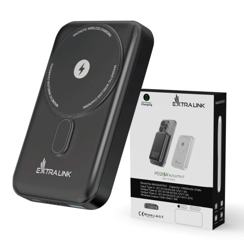 Extralink MagSafe 10000mAh szürke, powerbank, 38,5Wh, PD 20W+15W, USB-C, USB-A