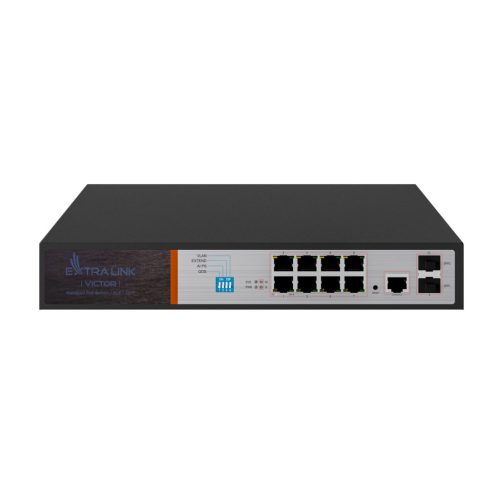 Extralink Victor, PoE kapcsoló, 8x Gigabit PoE/PoE+, 2x SFP, 1x konzolport, 150 W, kezelt
