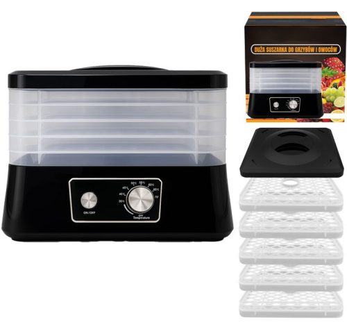 EXTRALINK HOME aszalógép gombákhoz, gyümölcsökhöz, zöldségekhez, élelmiszerekhez, szabályozható, erős 500W + 5 tálca, 27.5CM x 25CM, fekete