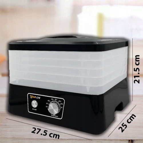 EXTRALINK HOME aszalógép gombákhoz, gyümölcsökhöz, zöldségekhez, élelmiszerekhez, szabályozható, erős 500W + 5 tálca, 27.5CM x 25CM, fekete