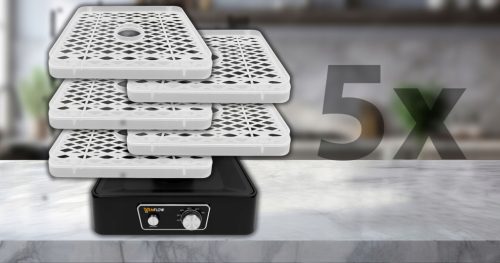 EXTRALINK HOME aszalógép gombákhoz, gyümölcsökhöz, zöldségekhez, élelmiszerekhez, szabályozható, erős 500W + 5 tálca, 27.5CM x 25CM, fekete