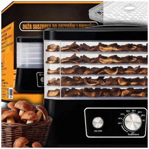 EXTRALINK HOME aszalógép gombákhoz, gyümölcsökhöz, zöldségekhez, élelmiszerekhez, szabályozható, erős 500W + 5 tálca, 27.5CM x 25CM, fekete